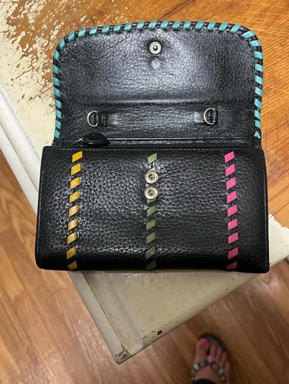 Brighton Black Leather Women's Crossbody Wallet with Colorful Accents